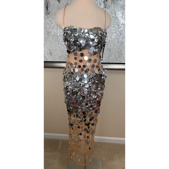 RETROFETE Mischa Sequin Embellished Sheer Silver Mirrored Maxi Dress Size M - Picture 4 of 9